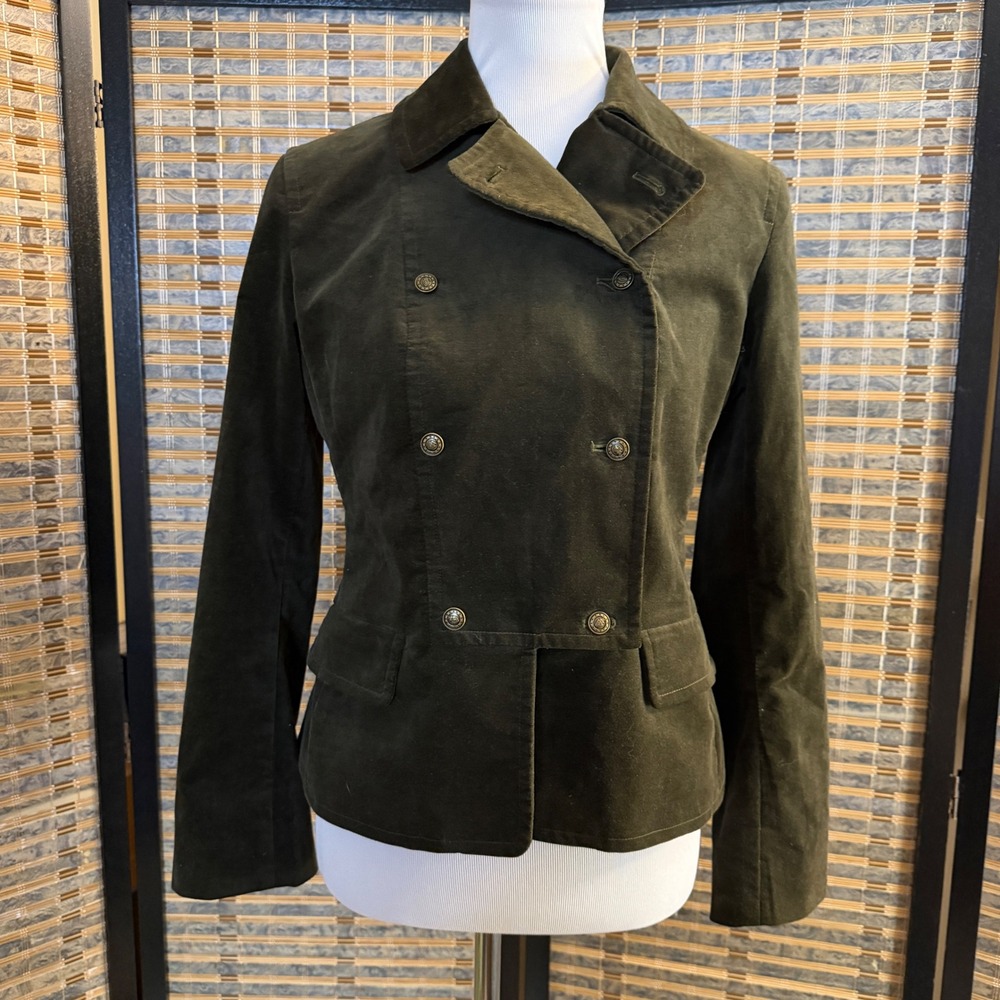 Talbots Blazer Women 8P Olive Green Double Breasted Velvet Military Jacket